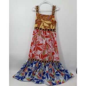 Farm Rio Birds Wood Balls Maxi Dress Kaftan Tropical Tiered Beach Size XS
